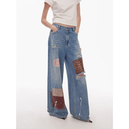 The Uninhibited Splicing Mid-Low Waist Patch n Paint Wide-Leg Jeans