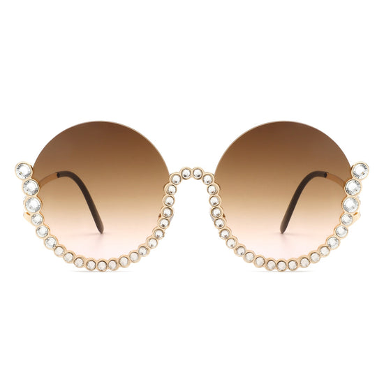 Gloriana - Women Circle Half Frame Oversize Rhinestone Fashion Round Sunglasses