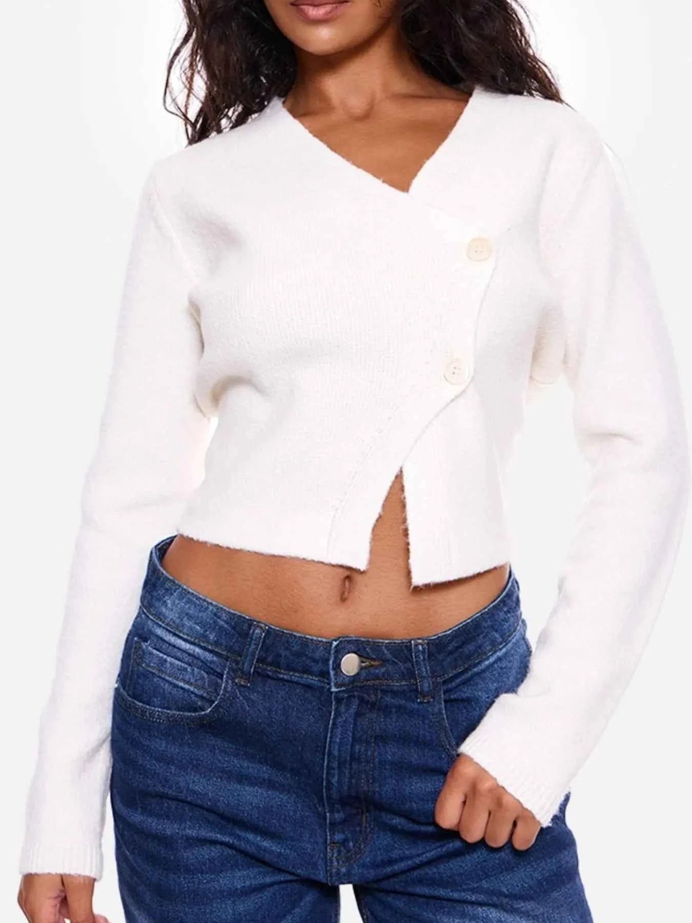 Cropped V-Neck Button-Up Cardigan Ivory Knitwear Trendsi