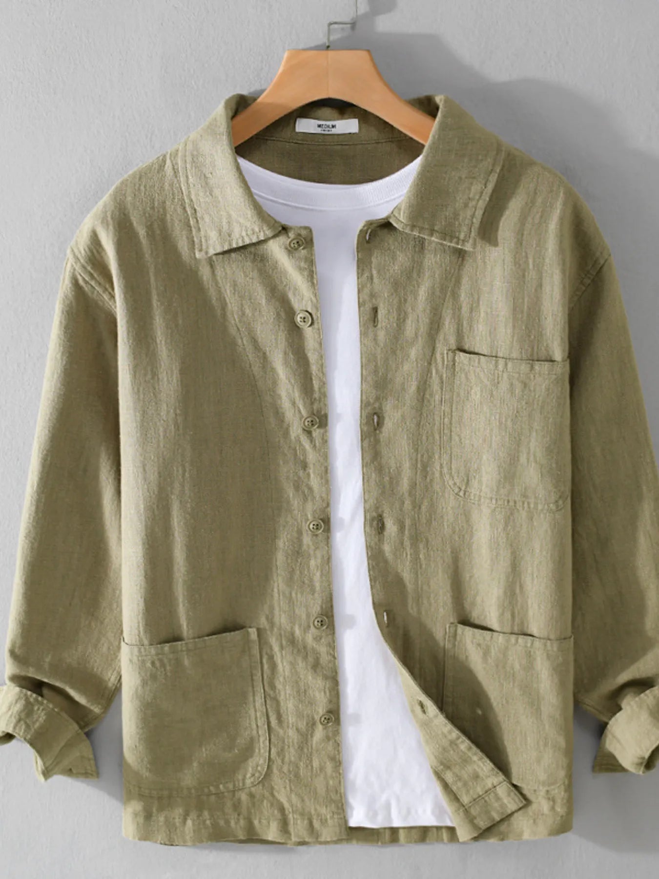 Mens Flax Blend Chest Pocket Button Up Khaki Shirts Trendsi