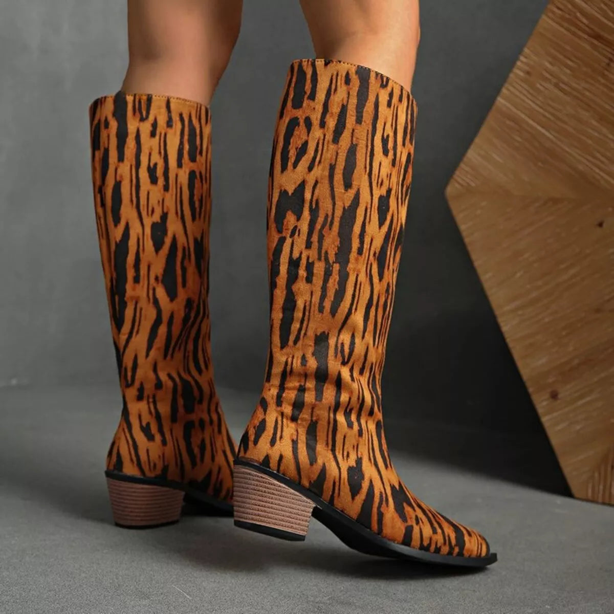 Leopard Print Point Toe Short Block Knee High Boots Shoes Trendsi