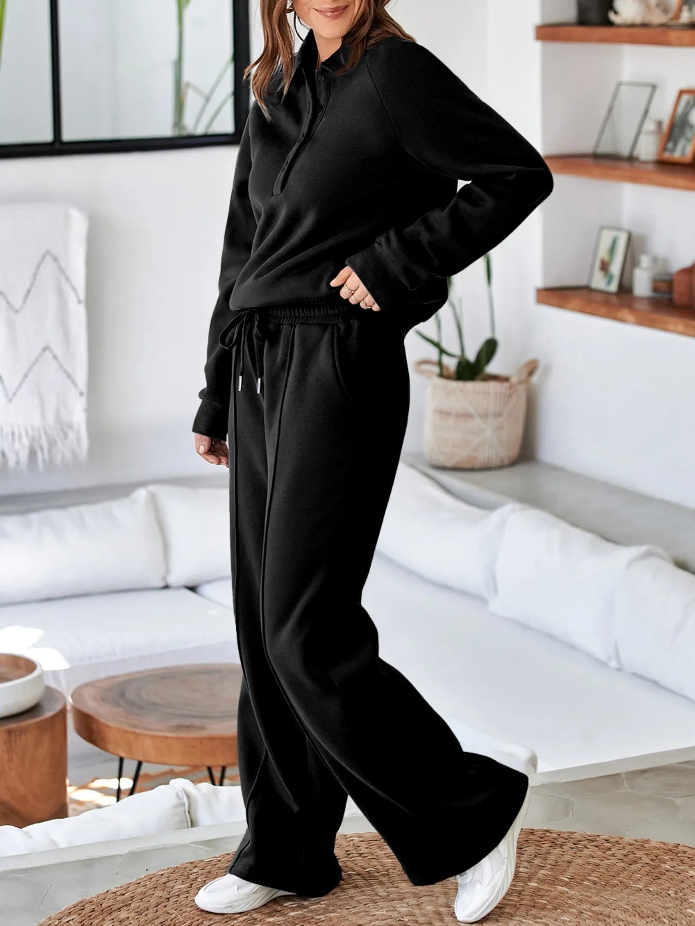 Cotton Blend Collared Sweatshirt Wide Leg Sweatpants Set Trendsi