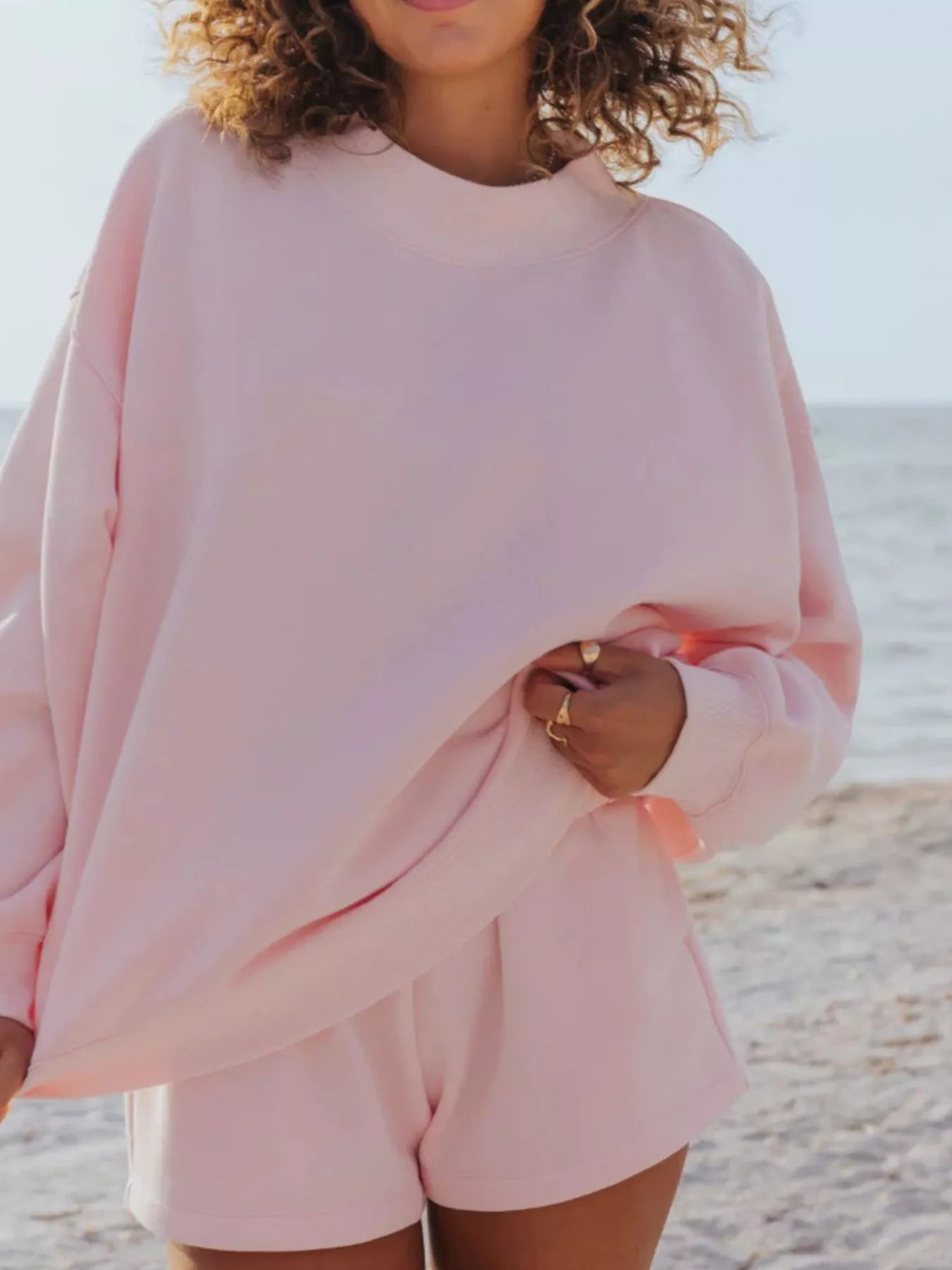 Relaxed Fit Round Neck Sweatshirt and Shorts Set Trendsi