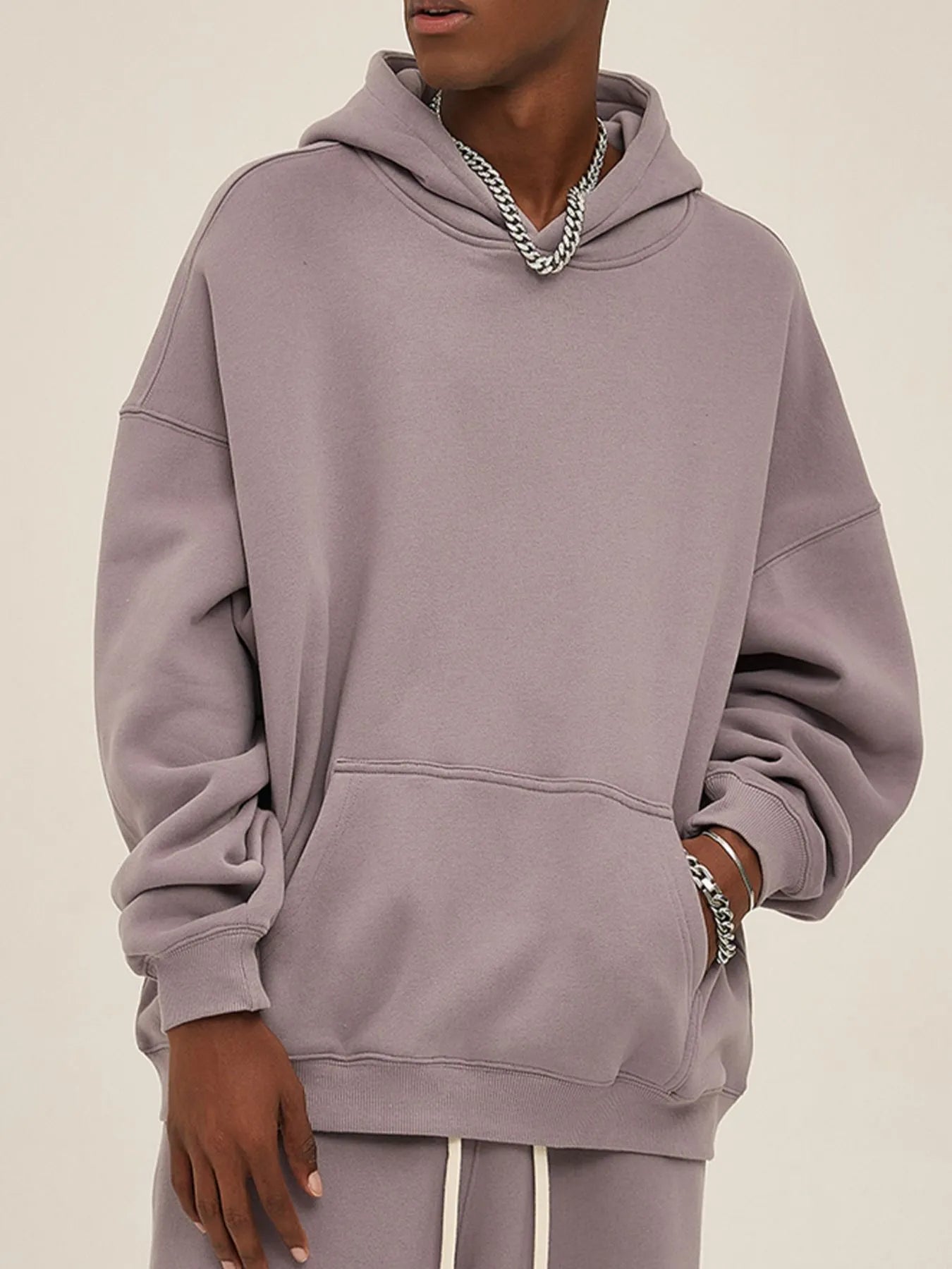 Mens Oversized Cotton Blend Pocket Hoodie Lilac Trendsi