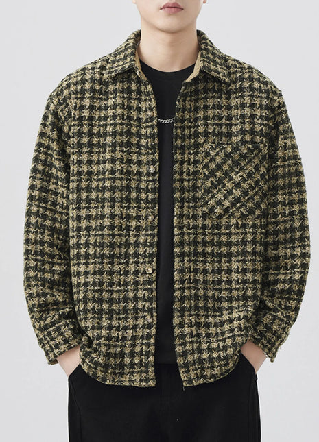 Mens Lattice Pattern Cotton Blend Shacket Dark Green overshirt Trendsi