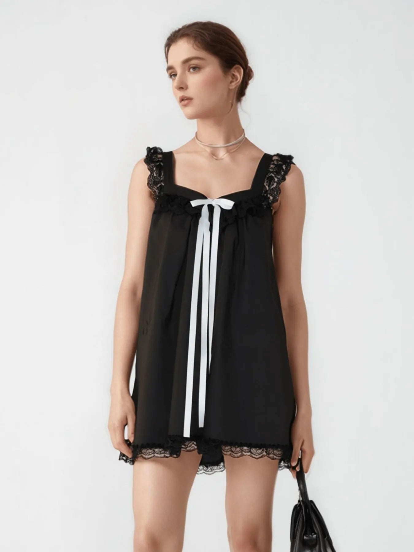 Lace Detail Bow Sleeveless Mini Cami Dress Black Trendsi