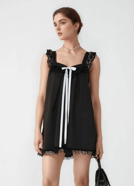 Lace Detail Bow Sleeveless Mini Cami Dress Black Trendsi