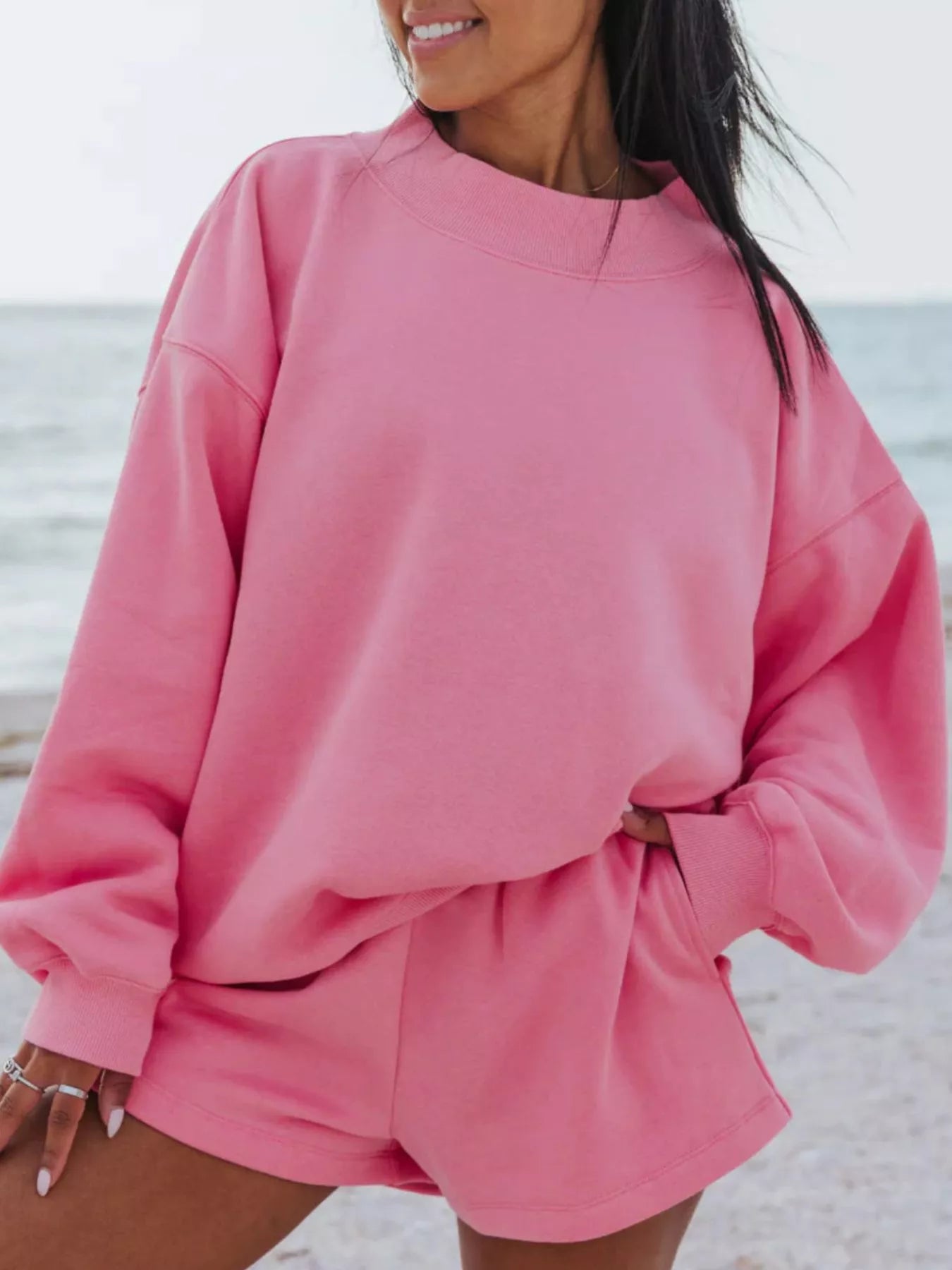 Relaxed Fit Round Neck Sweatshirt and Shorts Set Pink Trendsi