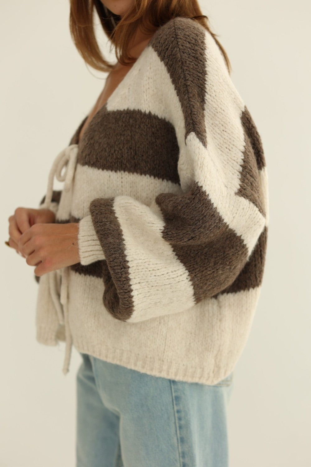 Coffee Striped Tie-Front Knit Cardigan cardigan Trendsi