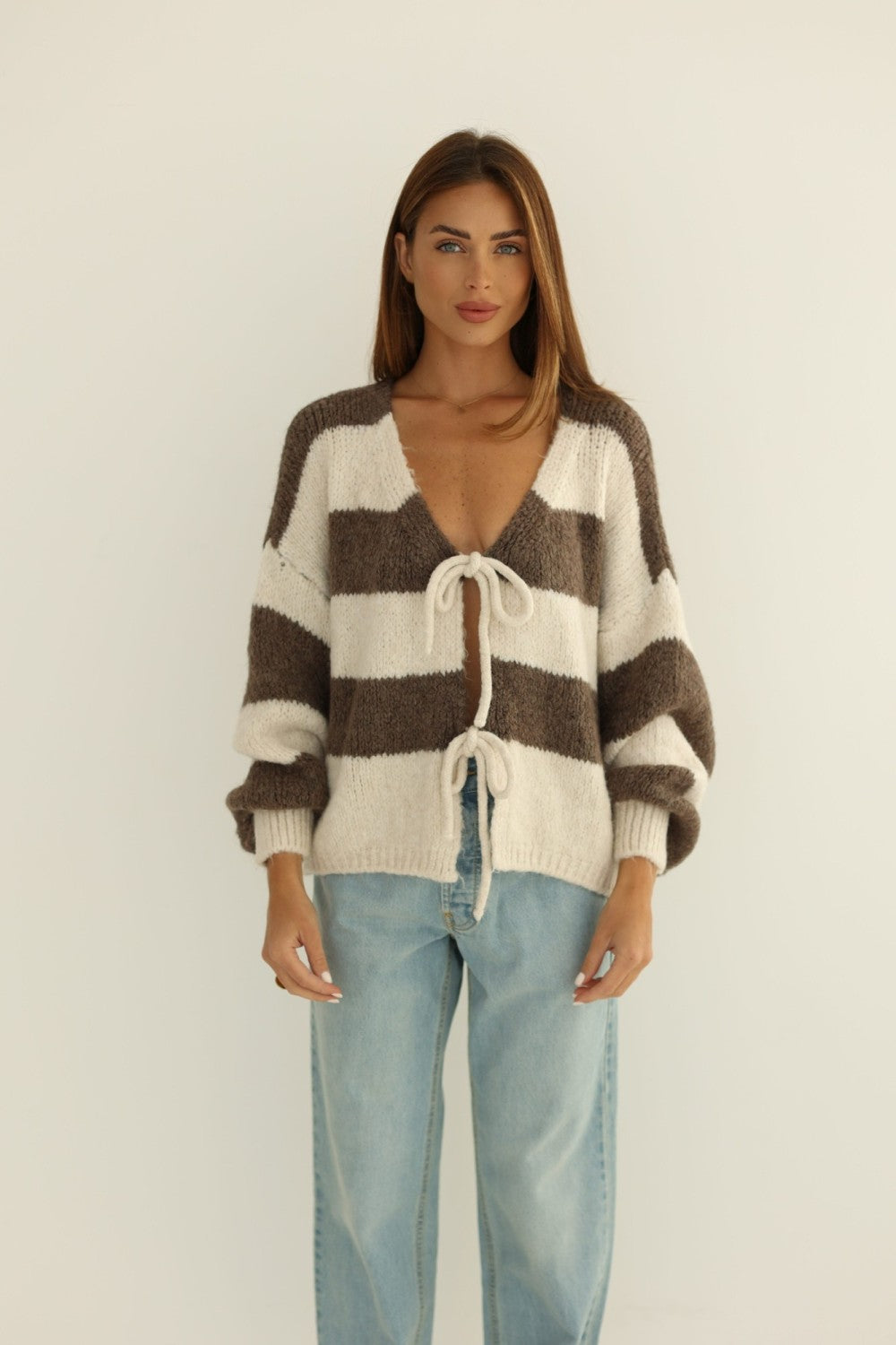 Coffee Striped Tie-Front Knit Cardigan cardigan Trendsi