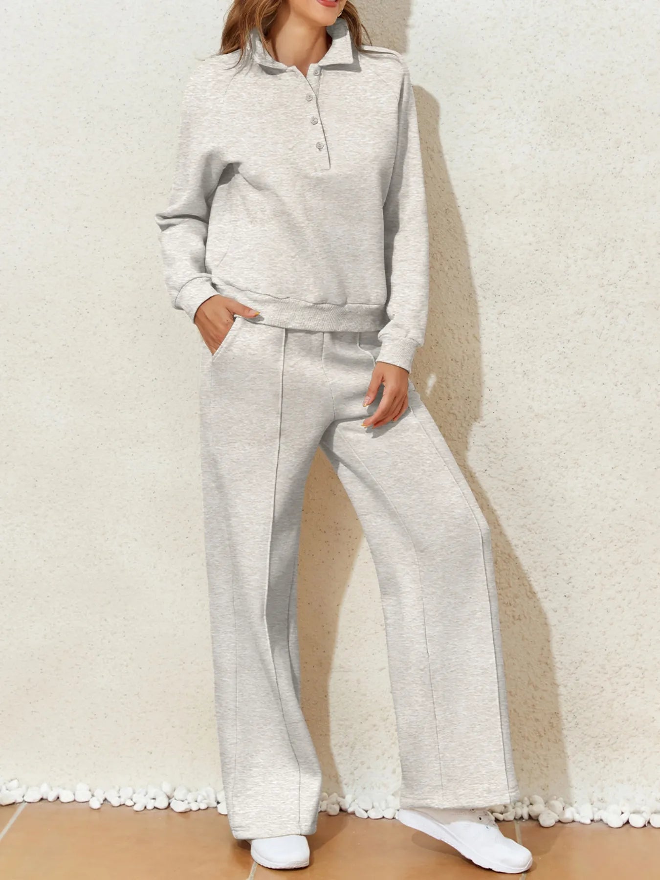 Cotton Blend Collared Sweatshirt Wide Leg Sweatpants Set Trendsi