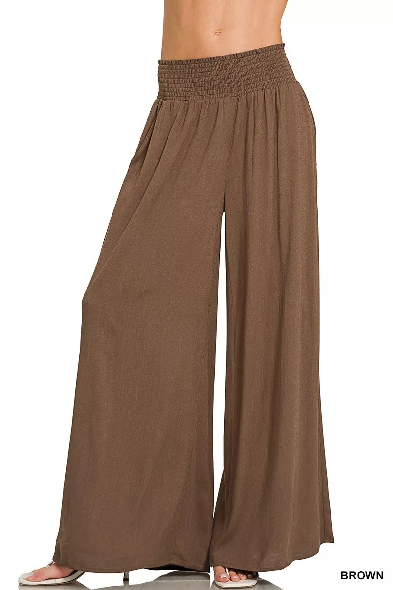 Brown Smocked Wide Leg Flowy Pants BROWN Trendsi