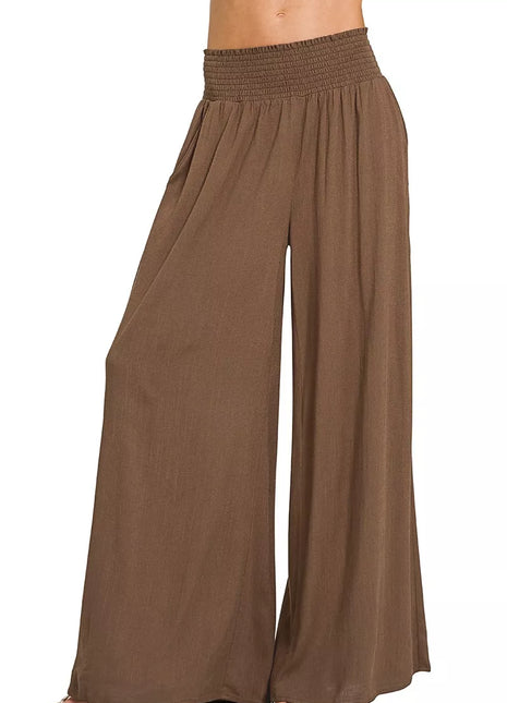 Brown Smocked Wide Leg Flowy Pants BROWN Trendsi