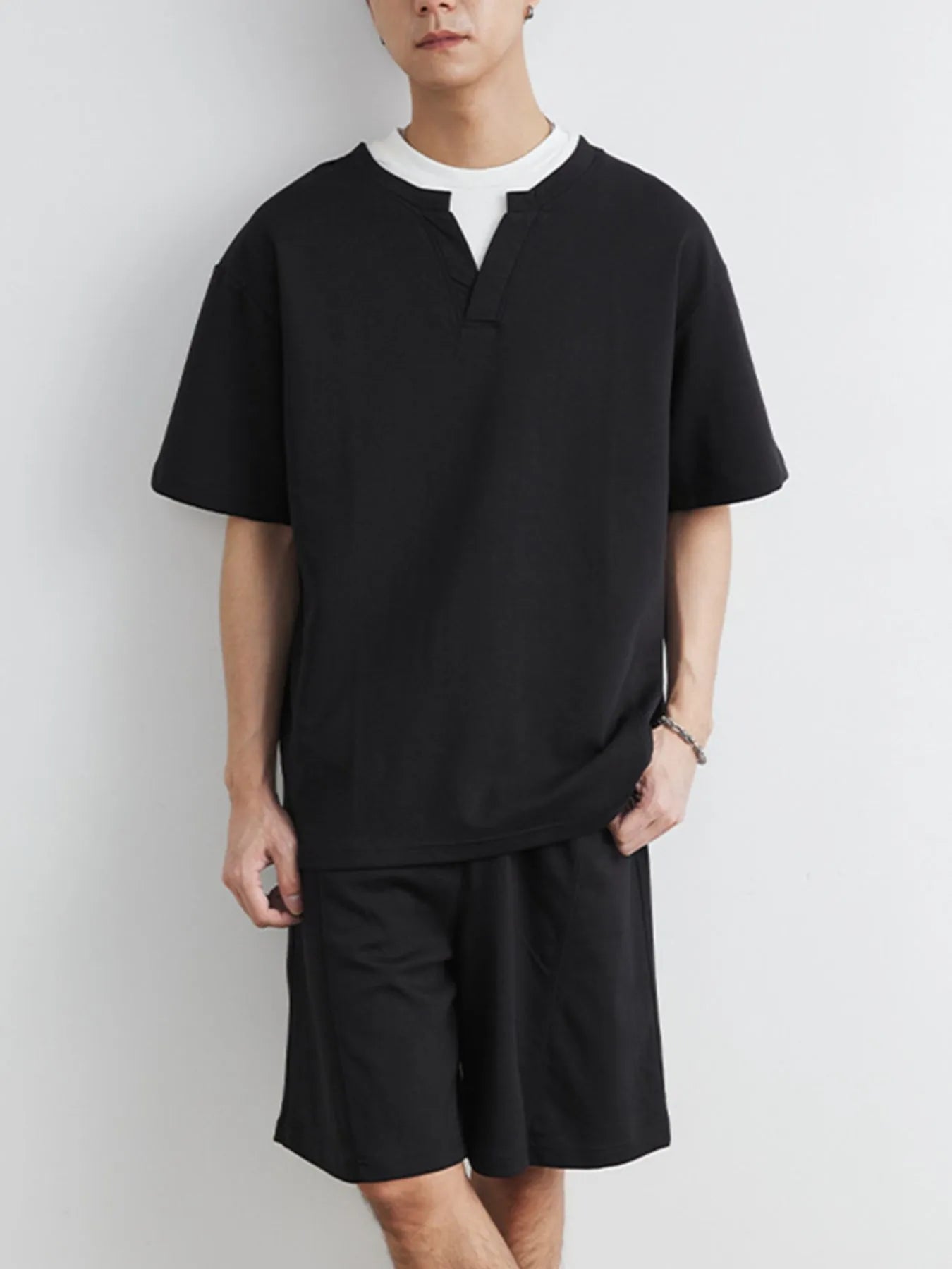 Mens Half Sleeve Top & Shorts Set Black Loungewear Trendsi