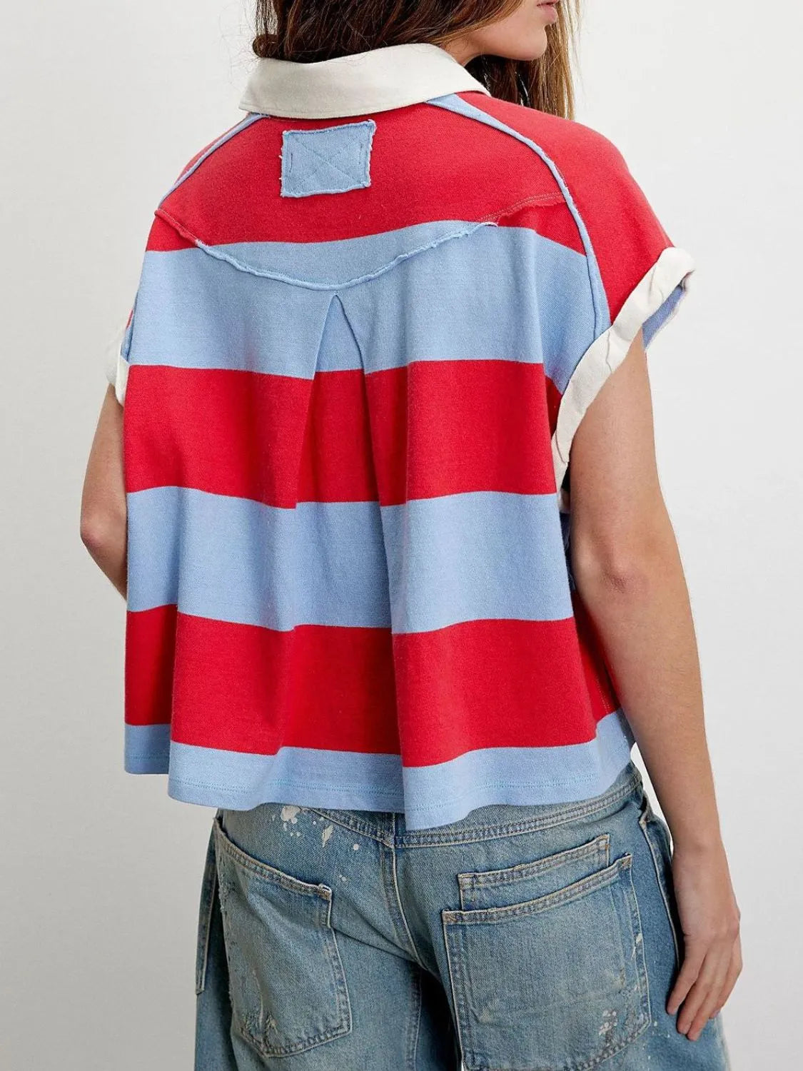 Striped Collared Neck Short Sleeve Top Trendsi