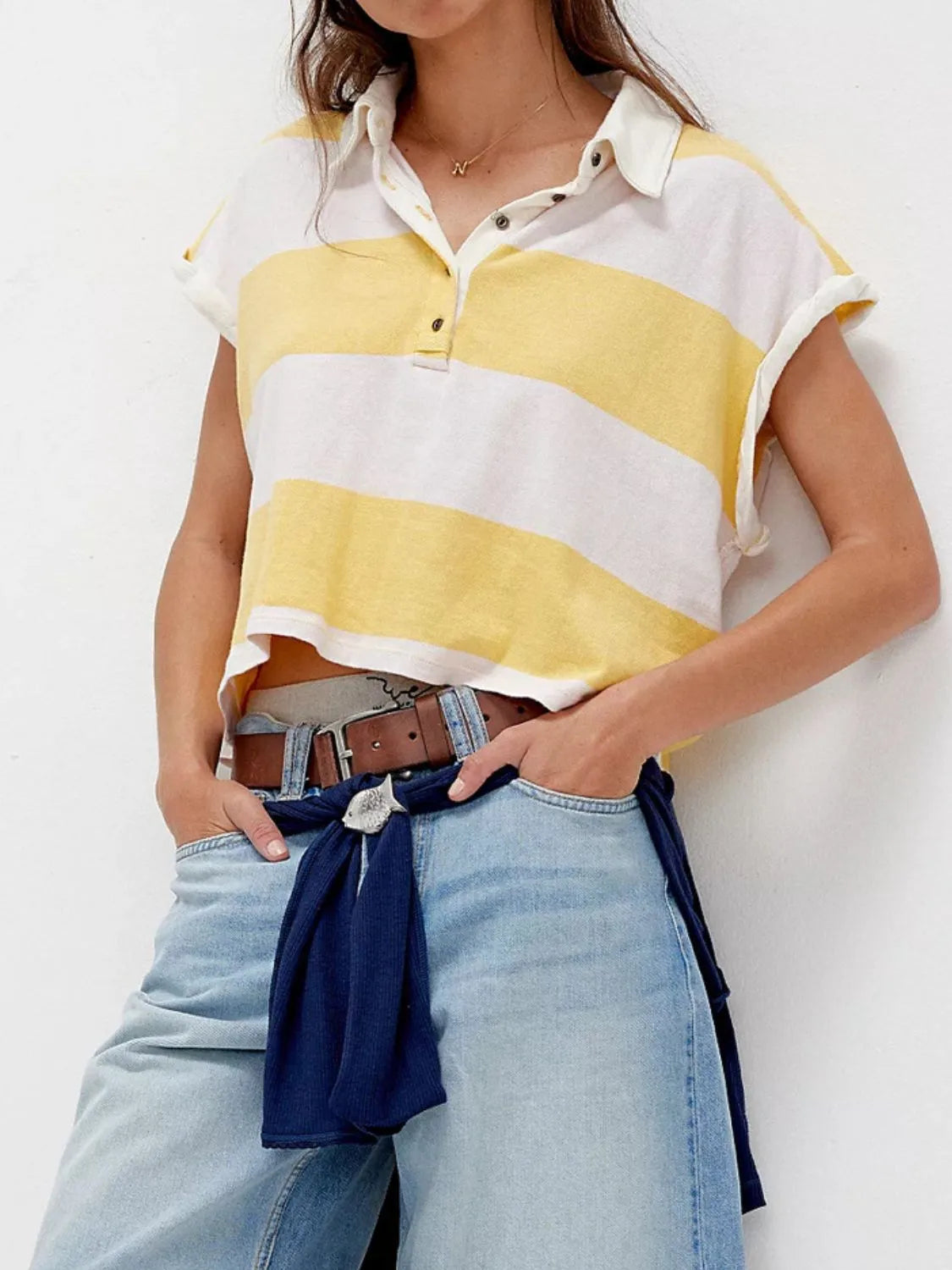 Striped Collared Neck Short Sleeve Top Trendsi