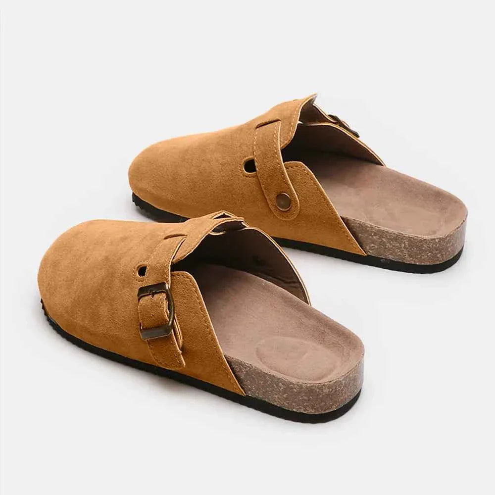 Flat Comfy Suede Buckle Clogs