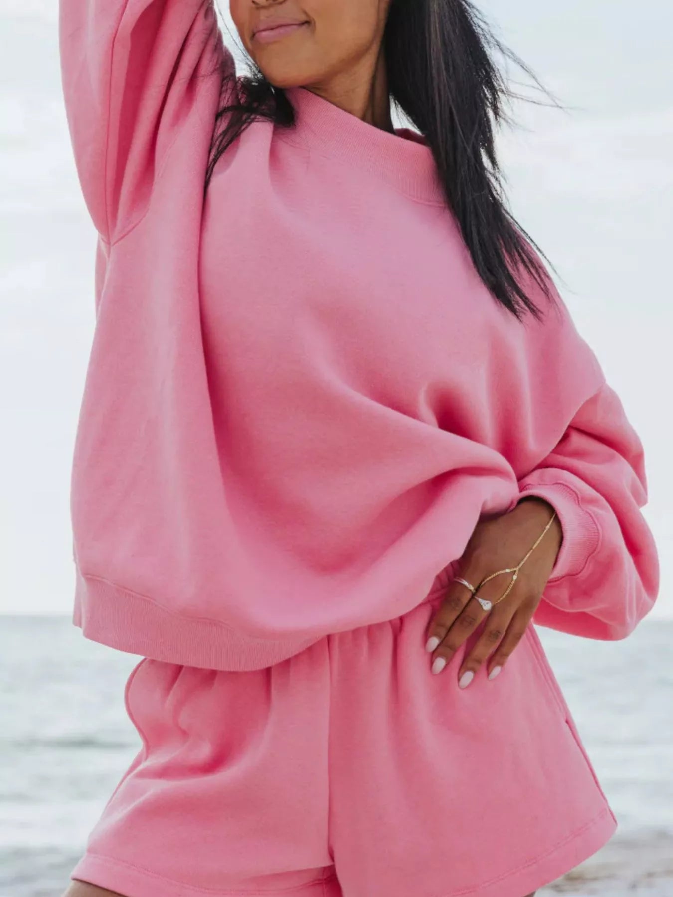 Relaxed Fit Round Neck Sweatshirt and Shorts Set Trendsi