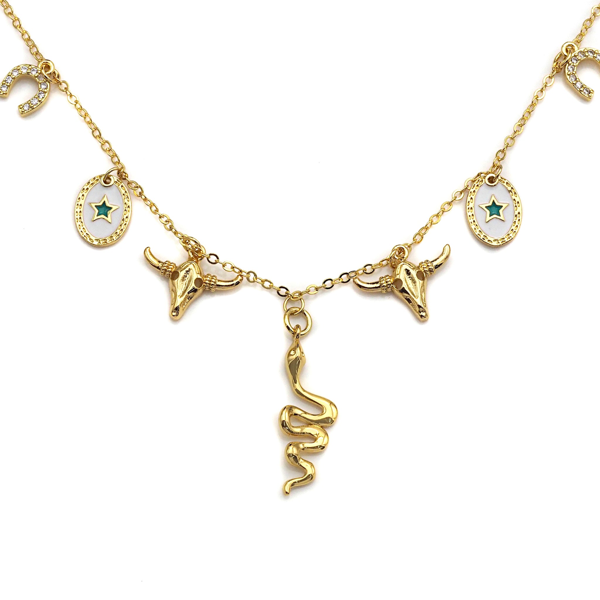 Gold Necklace with Snake Star Horse Shoe Charm, sku#z707