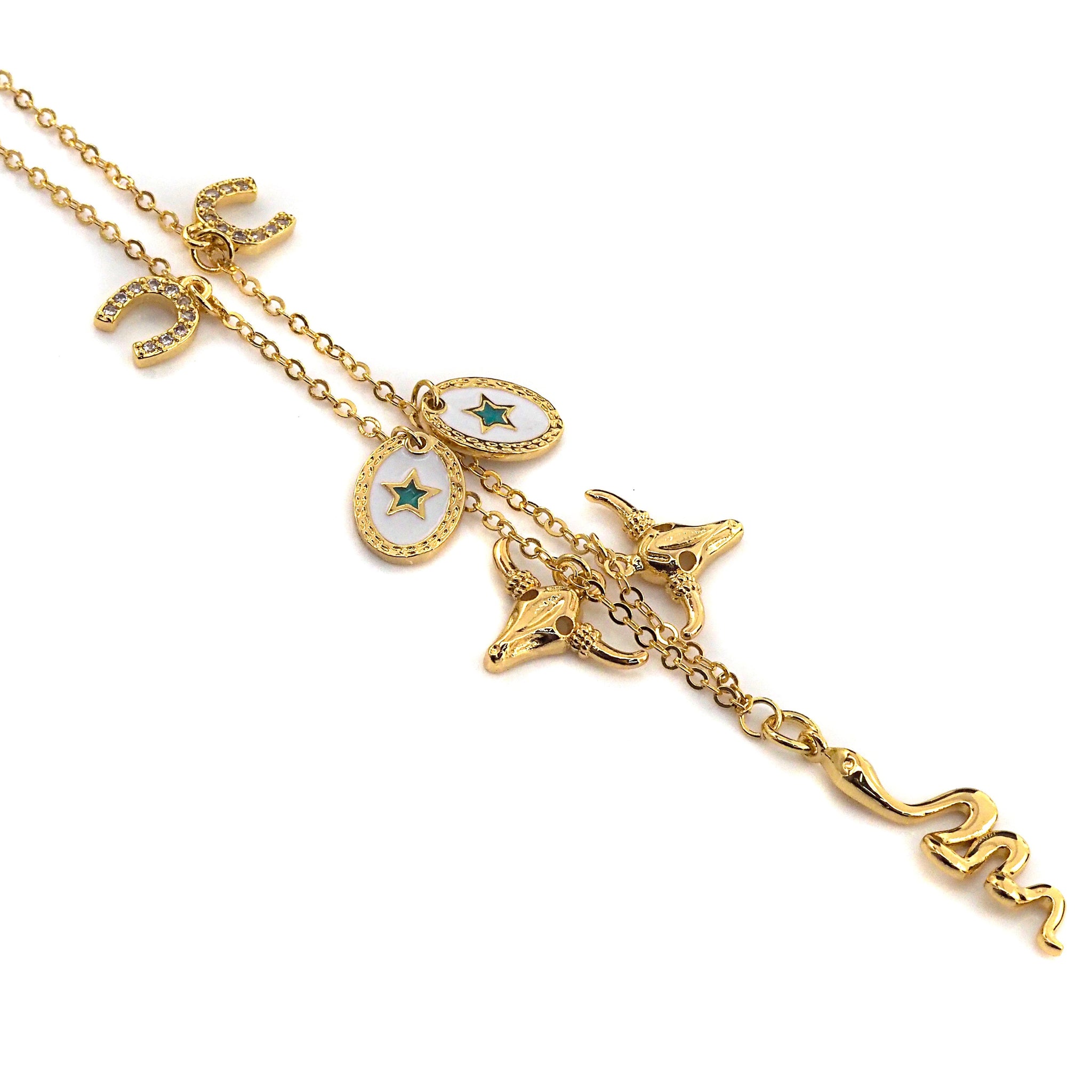 Gold Necklace with Snake Star Horse Shoe Charm, sku#z707