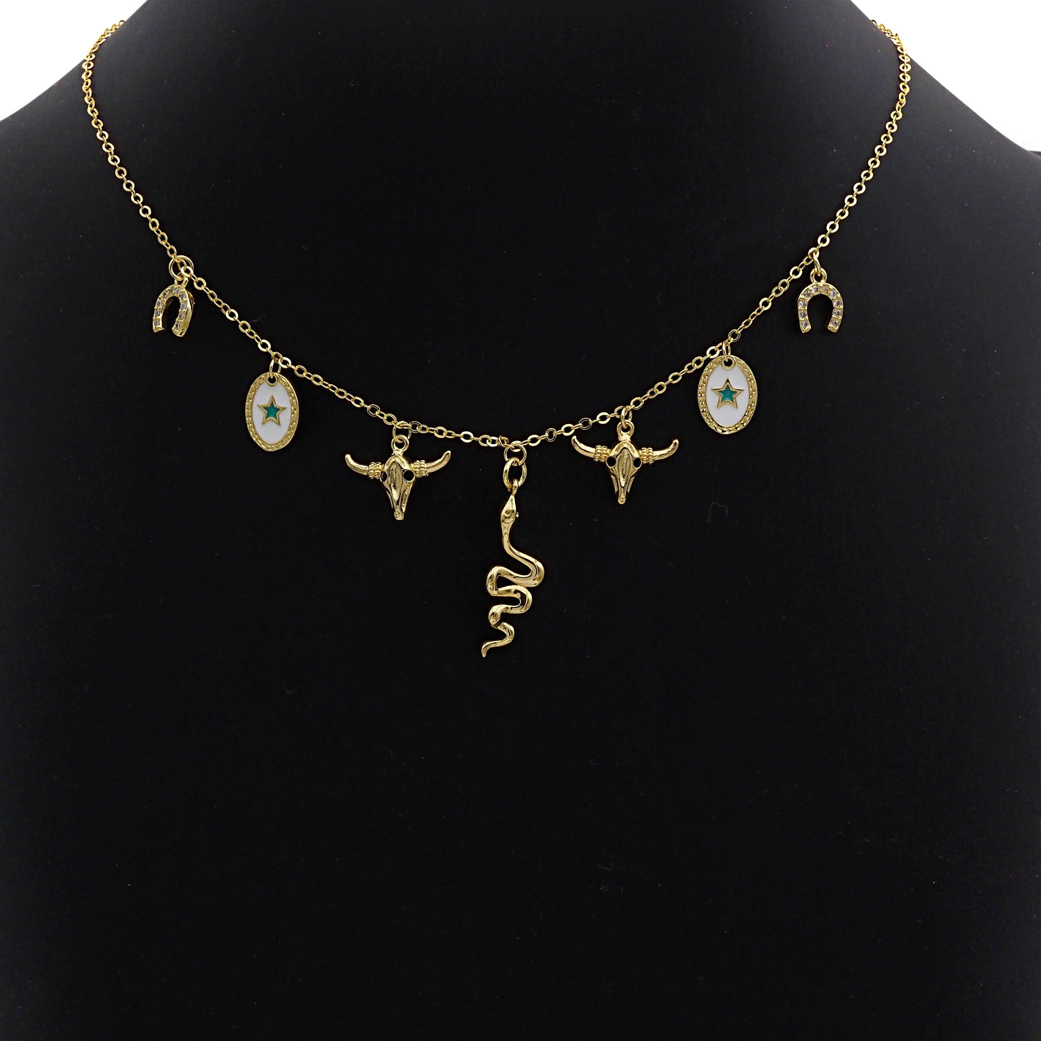 Gold Necklace with Snake Star Horse Shoe Charm, sku#z707