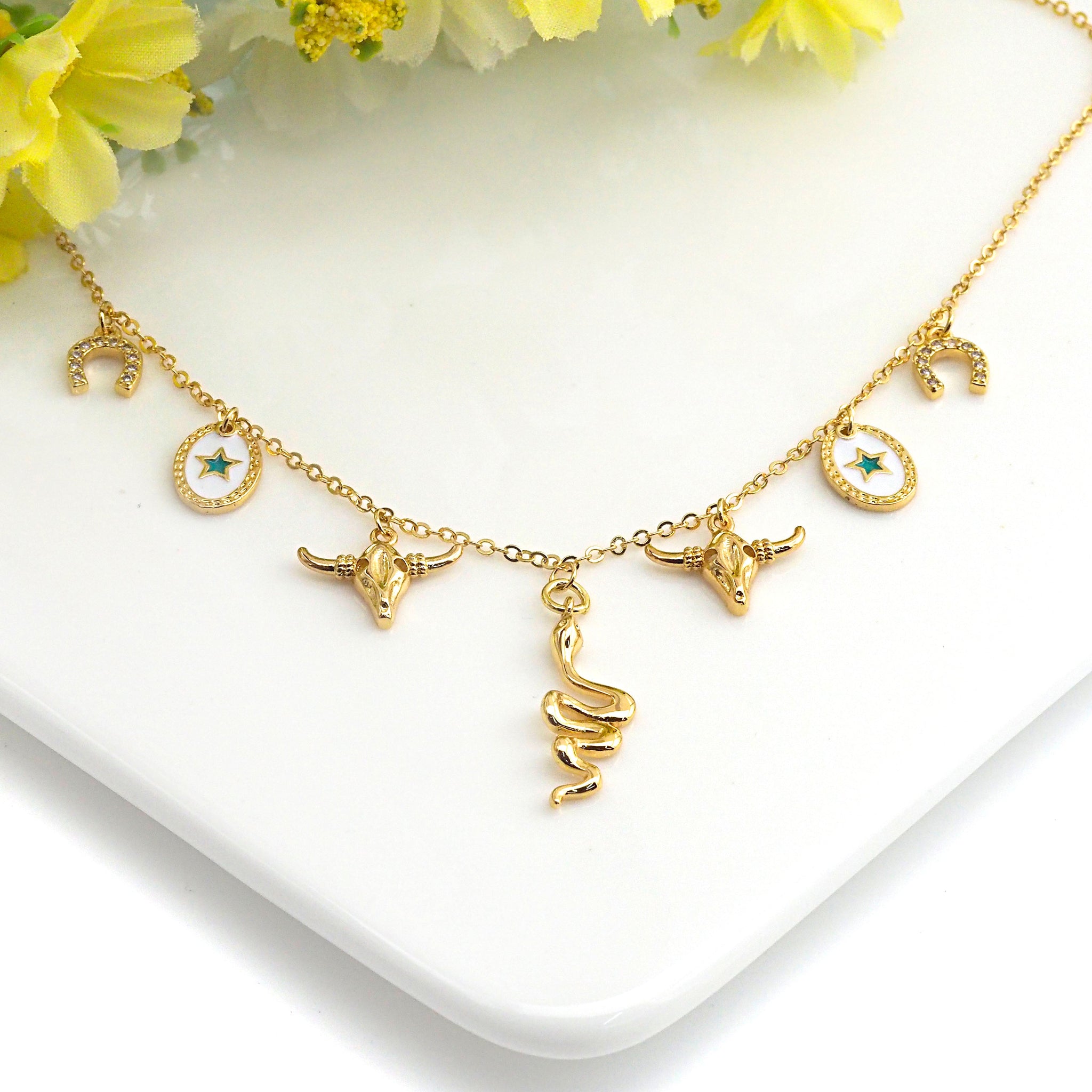 Gold Necklace with Snake Star Horse Shoe Charm, sku#z707