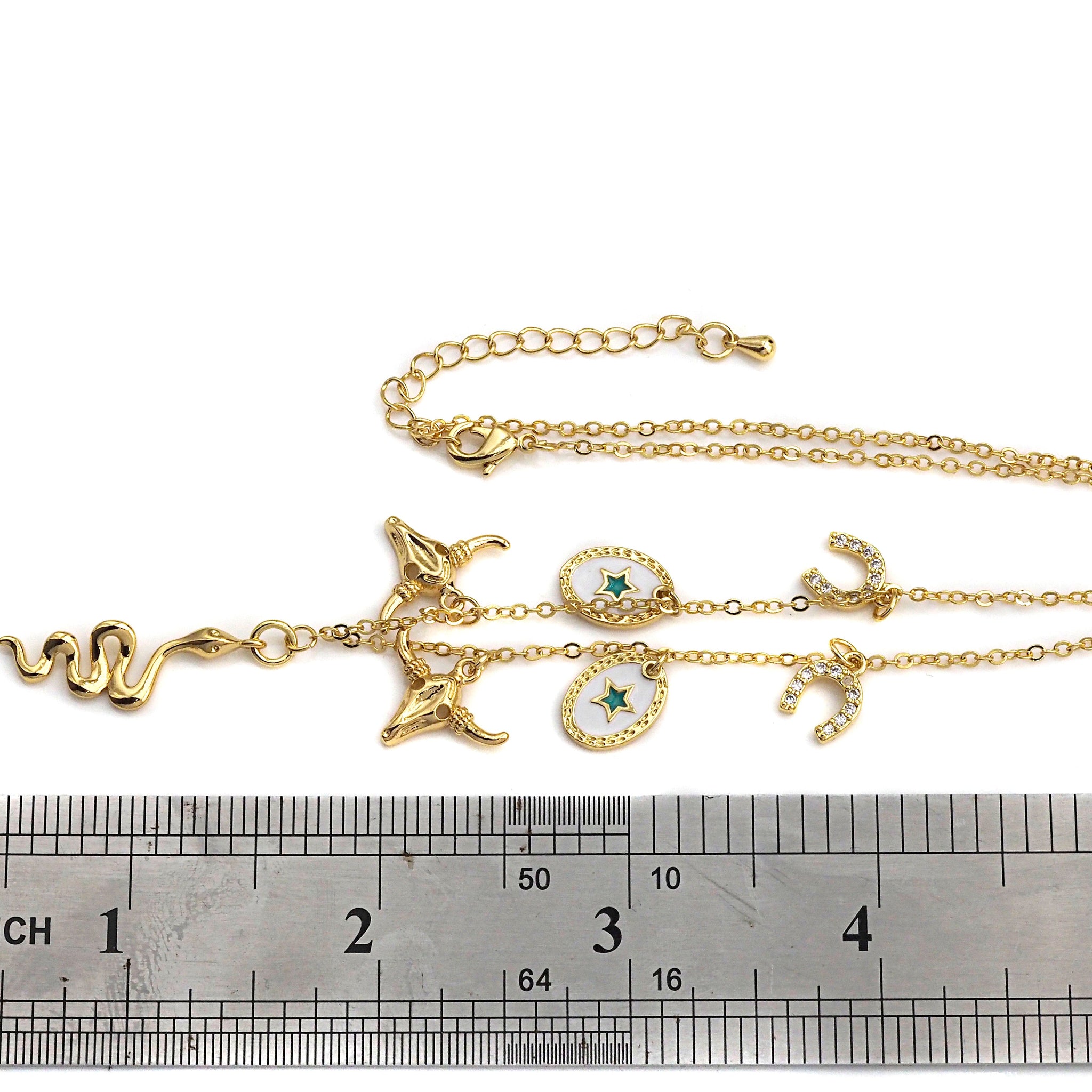 Gold Necklace with Snake Star Horse Shoe Charm, sku#z707