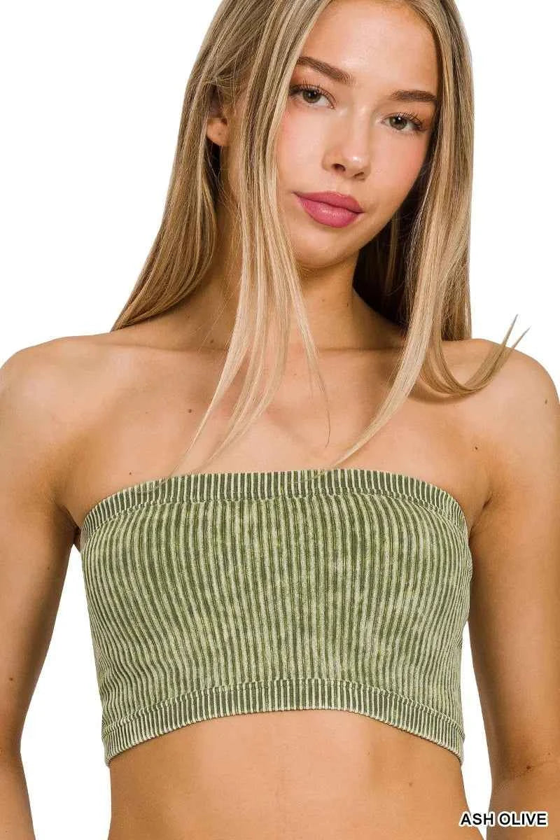 Zenana Washed Ribbed Seamless Tube Top ASH OLIVE Trendsi
