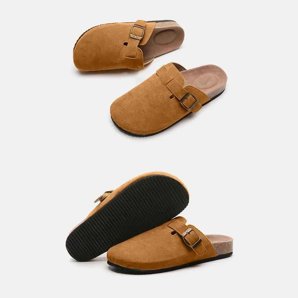 Flat Comfy Suede Buckle Clogs