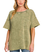 Zenana French Terry Washed Drop Shoulder Raw Edge Top LT OLIVE Trendsi