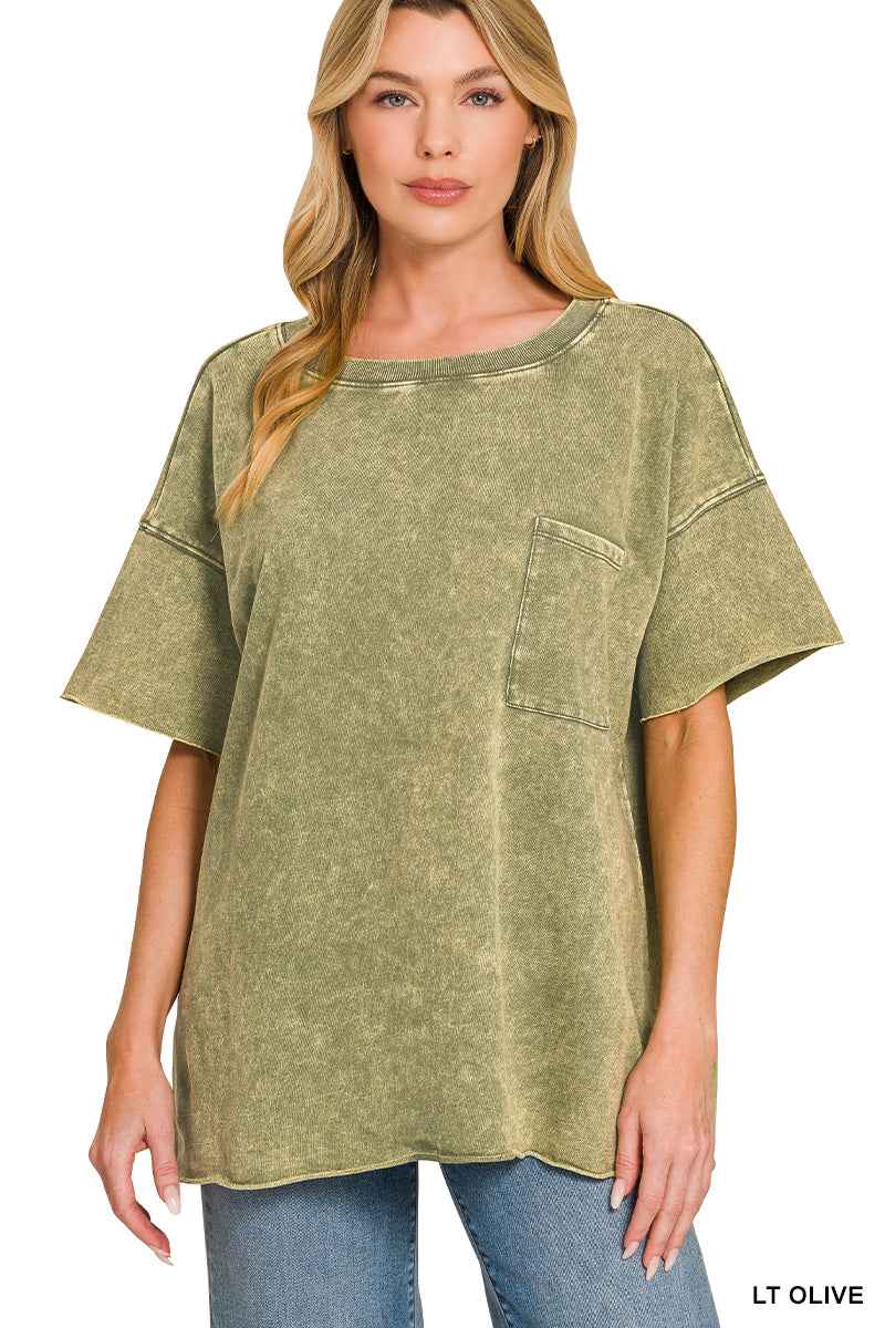 Zenana French Terry Washed Drop Shoulder Raw Edge Top LT OLIVE Trendsi
