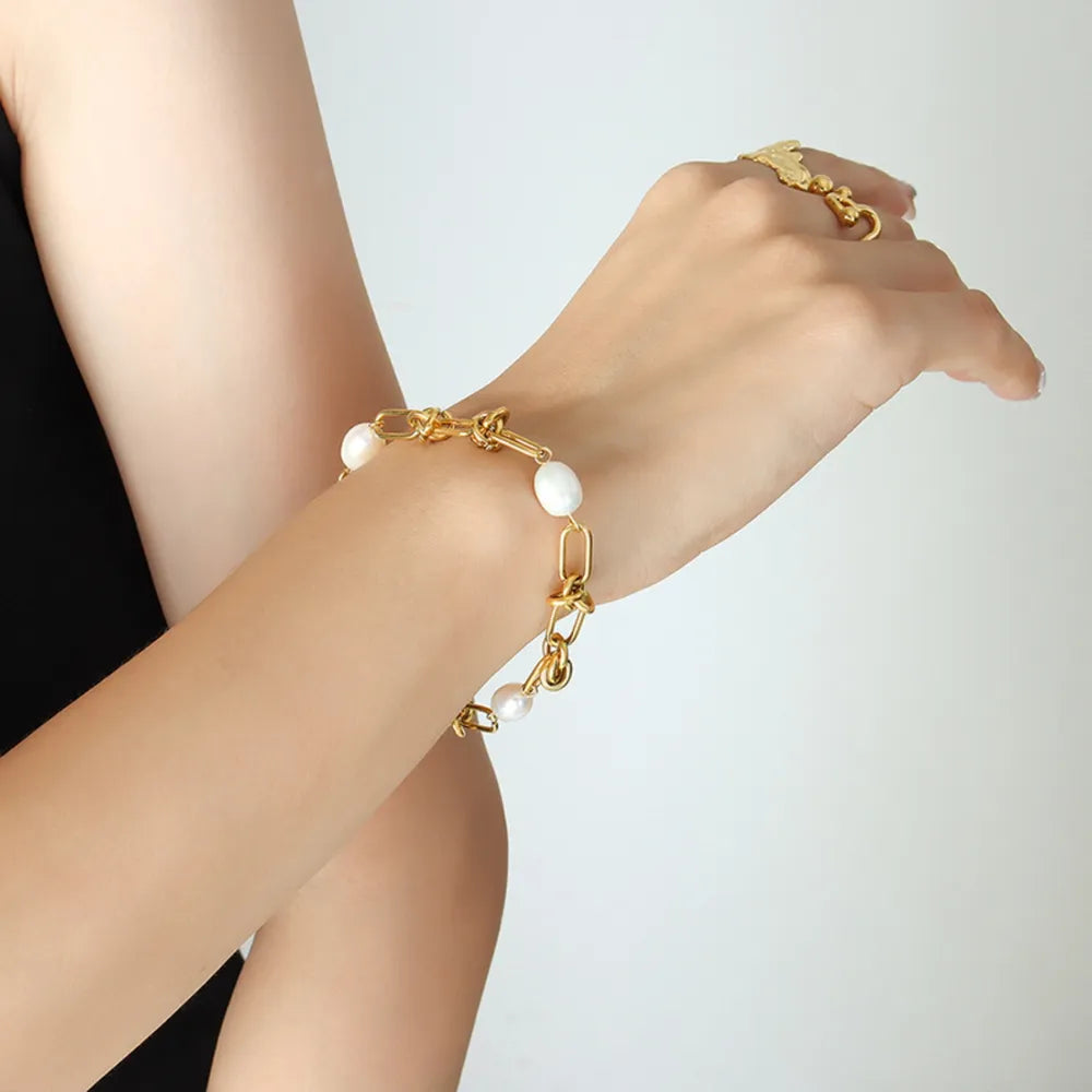 Freshwater Pearl Titanium Steel Chain Bracelet Gold One Size Trendsi