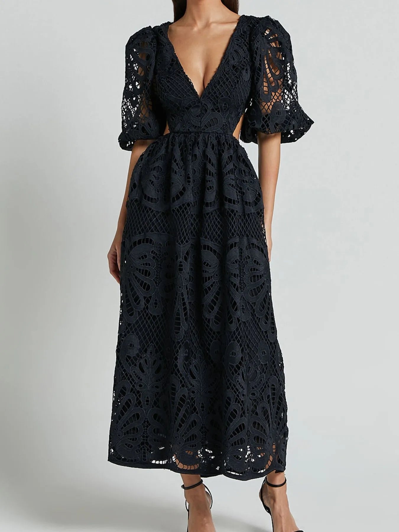 Cutout Back Lace Crochet V-Neck Dress Black Dresses Trendsi