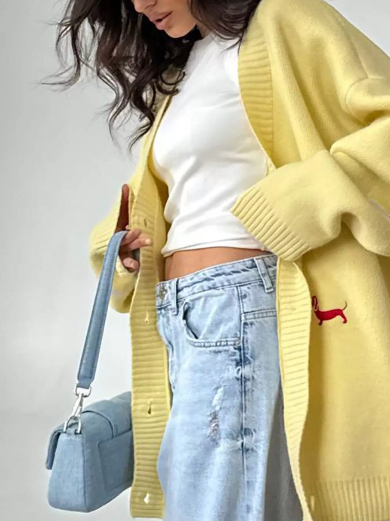 Embroidered Dachshund Button Up Cardigan Knitwear Trendsi