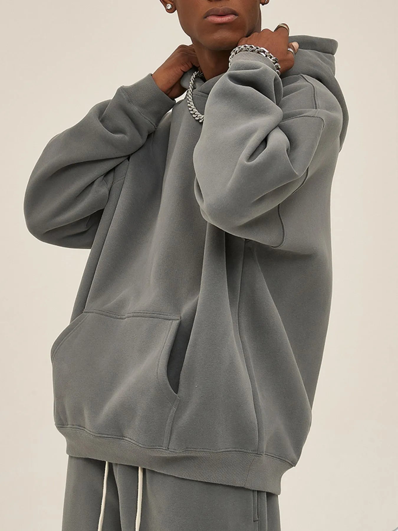 Mens Oversized Cotton Blend Pocket Hoodie Deep Grey Trendsi