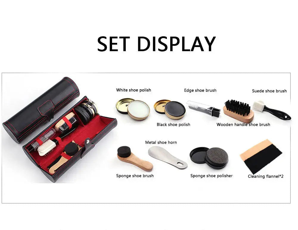 Set display of shoe care products including polish, brushes, and tools on a white background.
