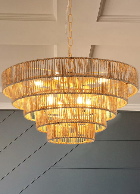 Seven-Tier Architectural Boho Woven Rope Chandelier 23.6”