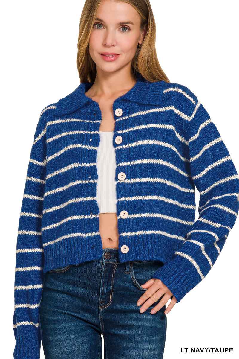 Zenana Striped Collared Button Down Sweater Cardigan Trendsi