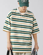 Mens Oversized Fit Half Sleeve Stripe T-Shirt Dark Green Stripe T-shirts Trendsi