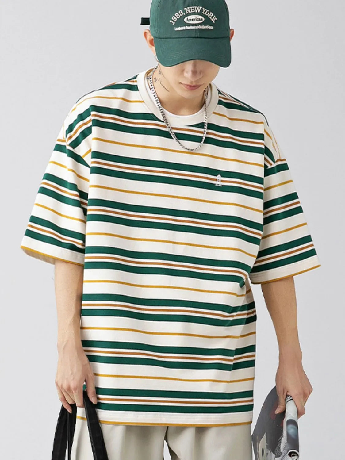 Mens Oversized Fit Half Sleeve Stripe T-Shirt Dark Green Stripe T-shirts Trendsi