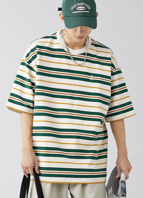 Mens Oversized Fit Half Sleeve Stripe T-Shirt Dark Green Stripe T-shirts Trendsi