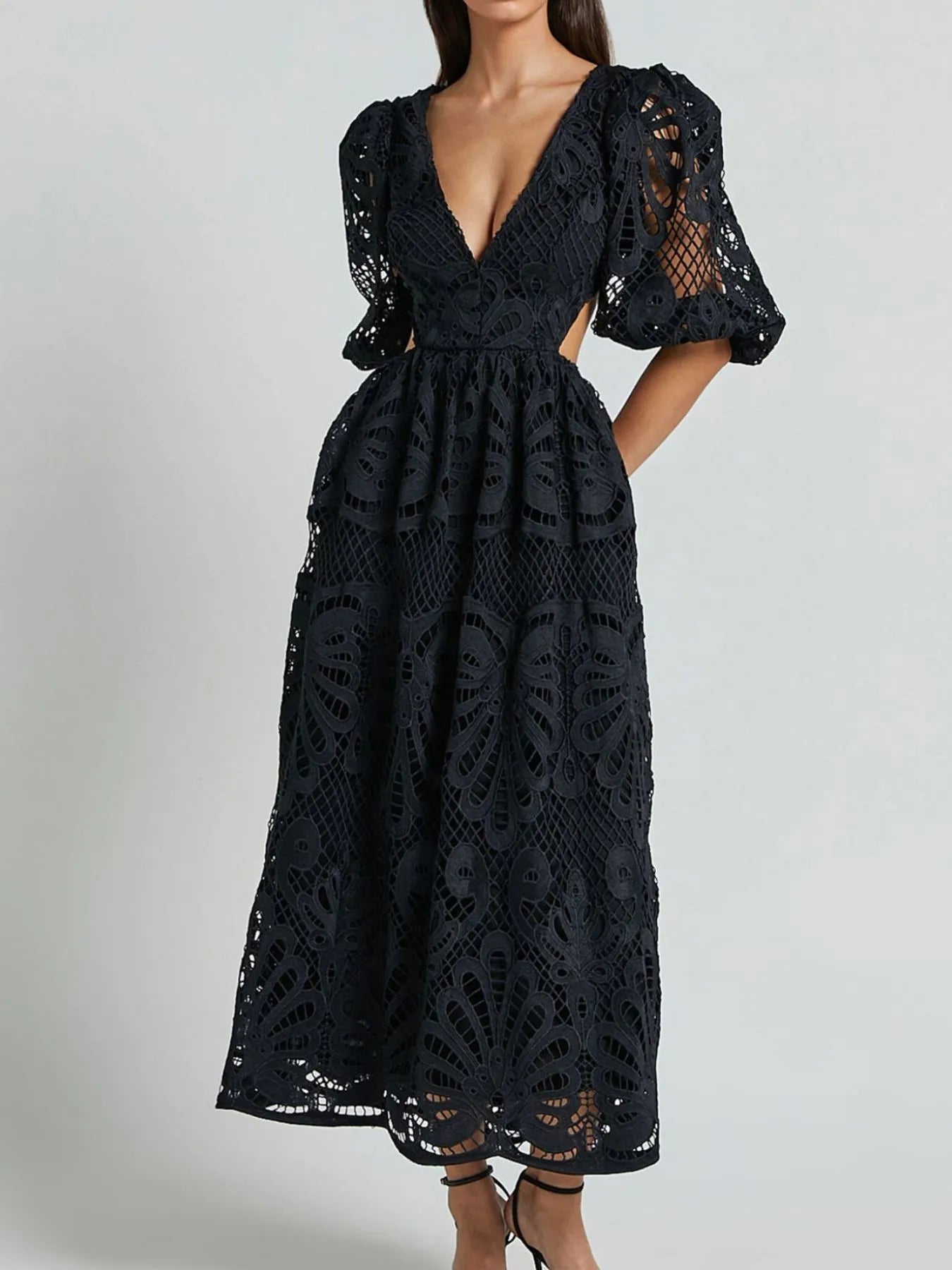 Cutout Back Lace Crochet V-Neck Dress Dresses Trendsi
