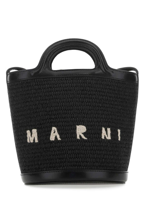 Marni Women Black Leather And Raffia Tropicalia Bucket Bag