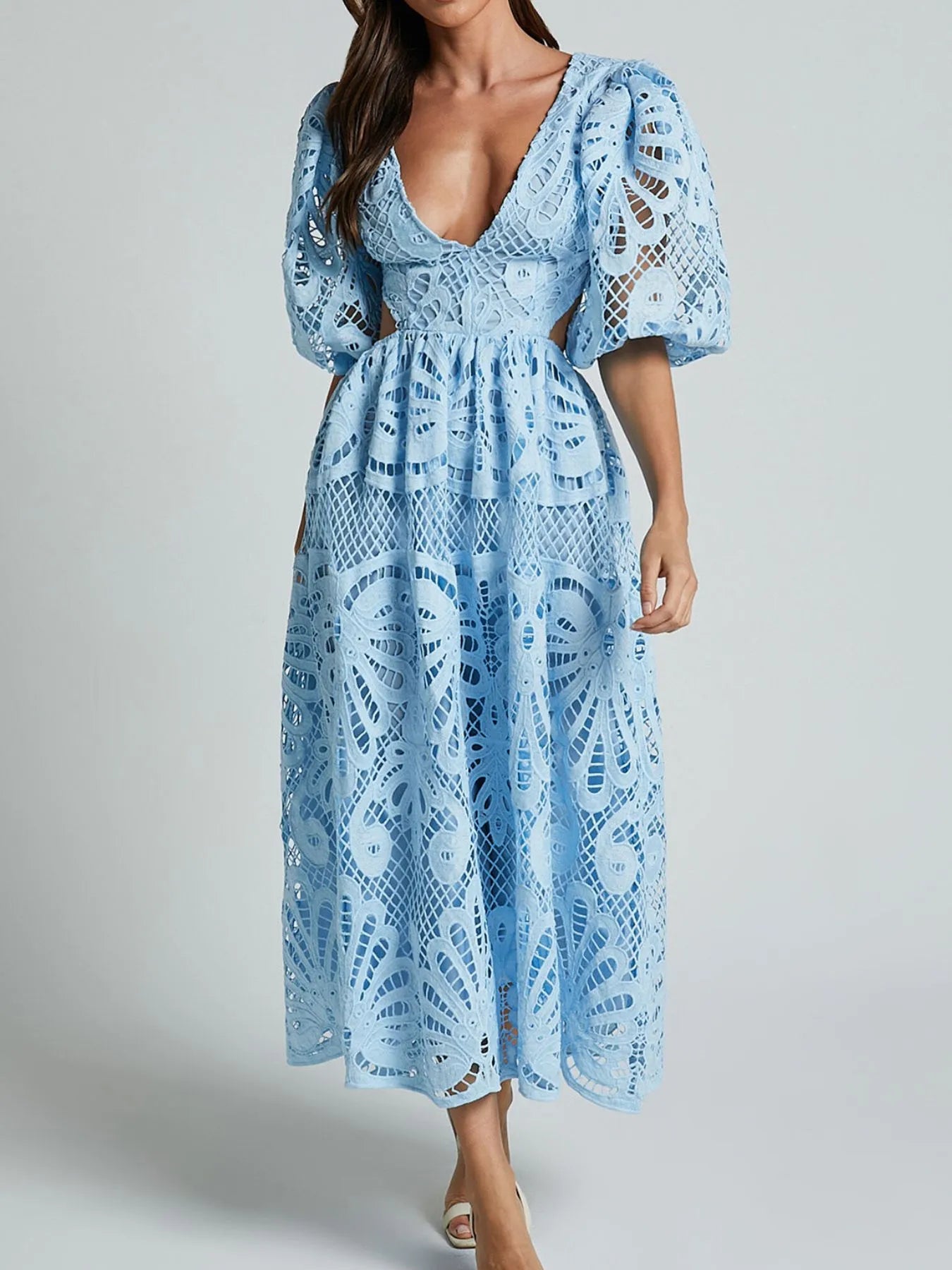 Cutout Back Lace Crochet V-Neck Dress Dresses Trendsi
