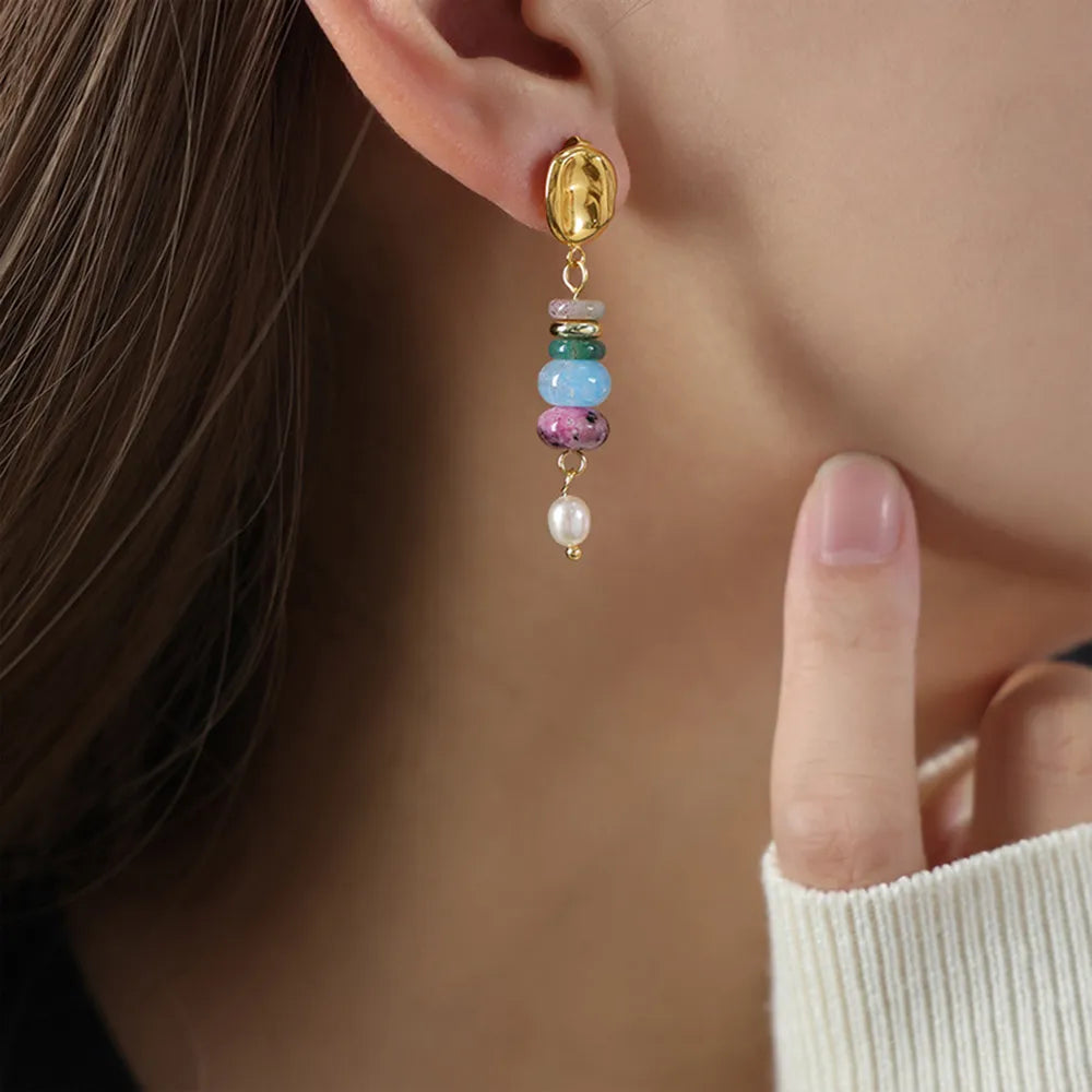 Freshwater Pearl & Natural Stone Dangle Earrings Light Blue One Size Earrings Trendsi