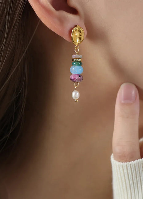 Freshwater Pearl & Natural Stone Dangle Earrings Light Blue One Size Earrings Trendsi