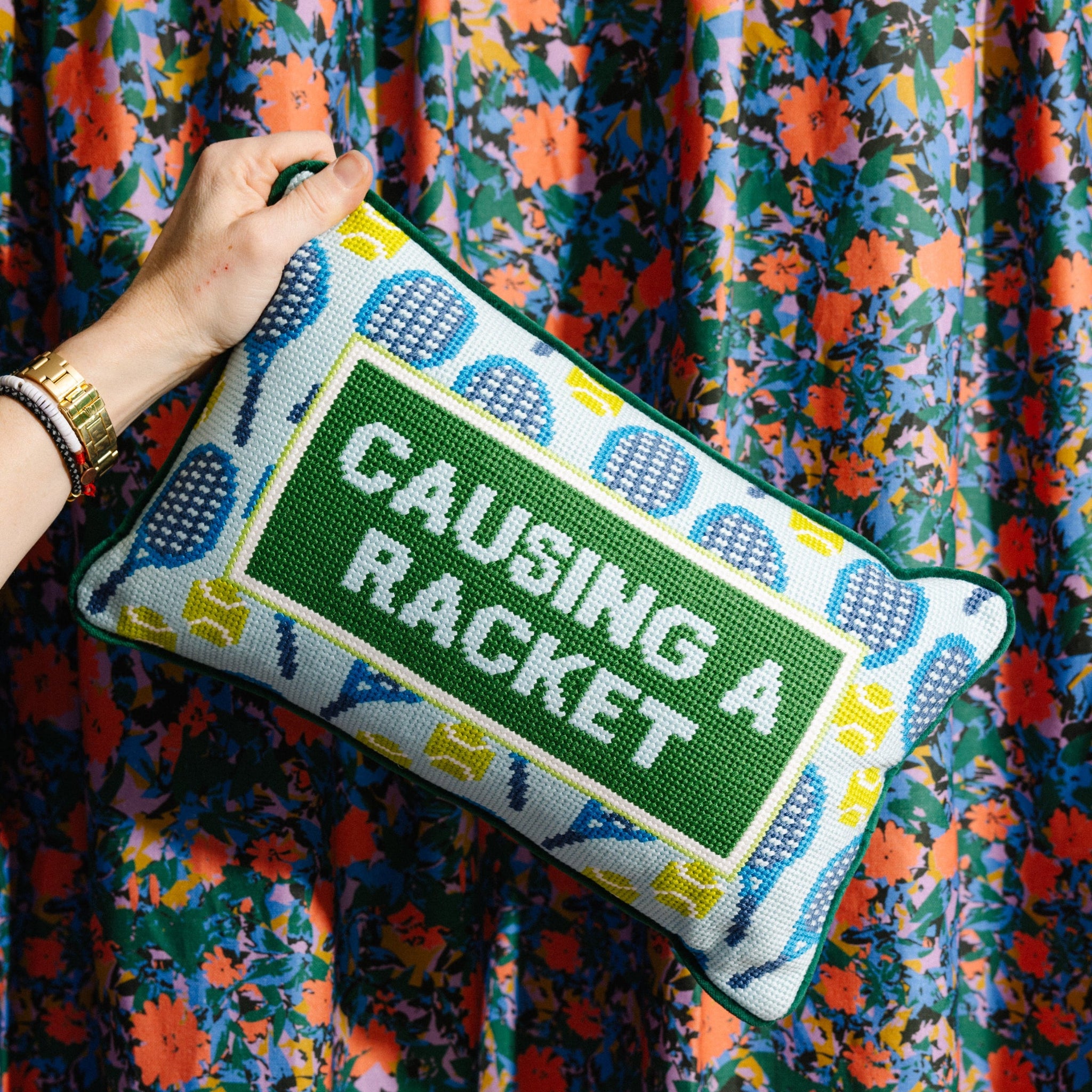 Causing A Racket Needlepoint Pillow Needlepoint Furbish Studio