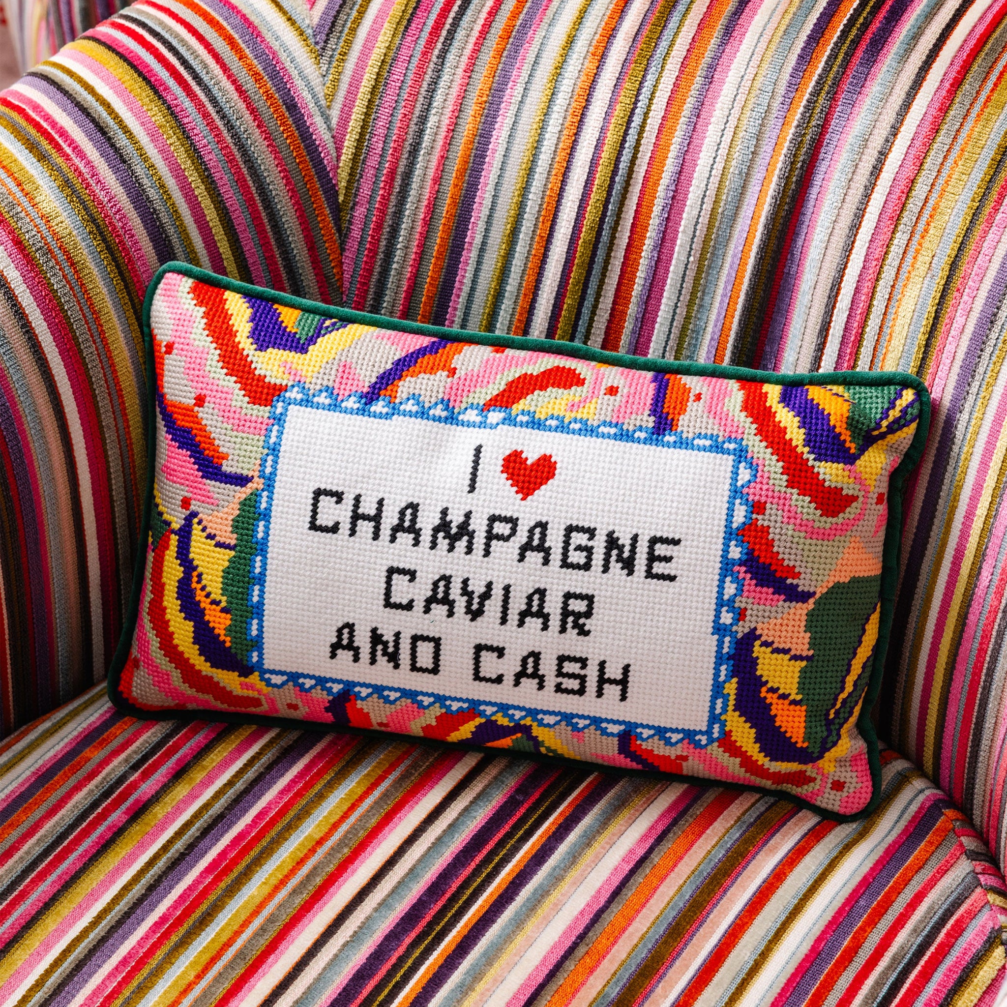 Caviar and Cash Needlepoint Pillow Needlepoint Furbish Studio