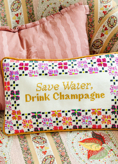 Drink Champagne Needlepoint Pillow