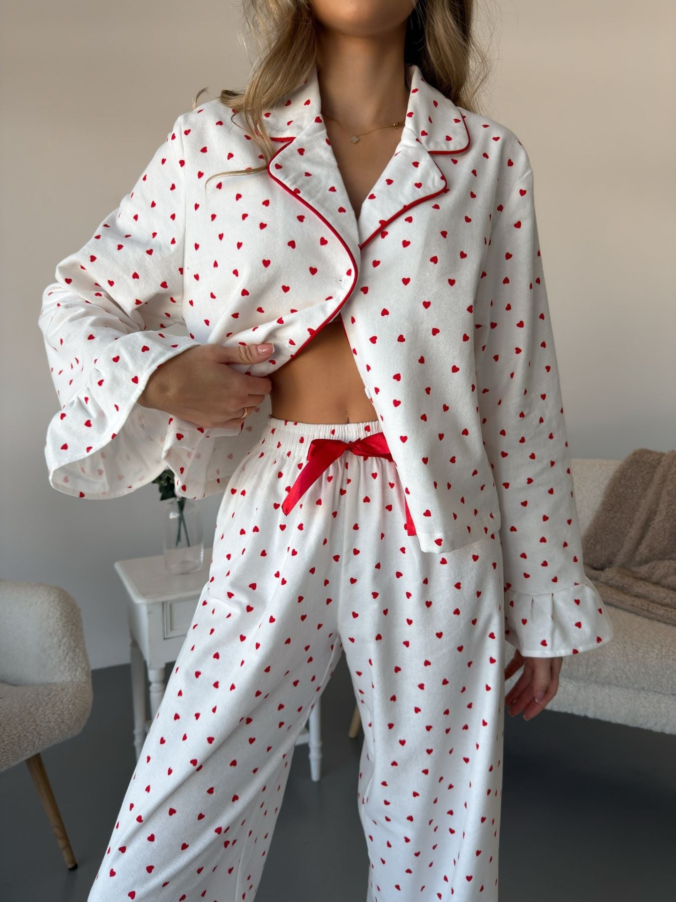 Heart Print Long Sleeve Top and Pants PJ Loungewear Set Trendsi